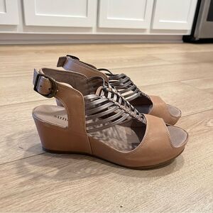 Sundance Tan Brown Silver Leather Wedge Open Toe Slingback Heel Size 36